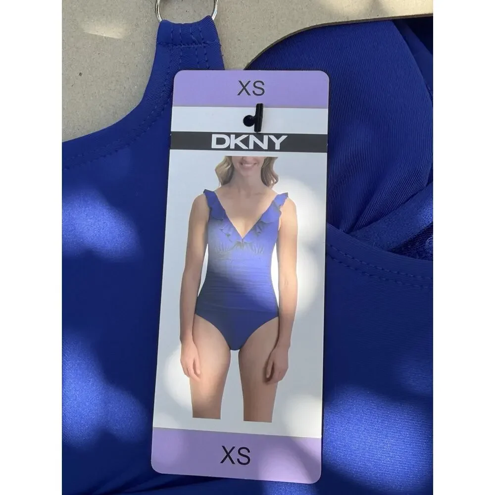 DKNY Blue One-Piece Swimsuit Ruffle Trim Adjustable Straps Size XS NWT - Picture 5 of 8